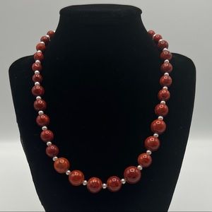 Red Wood & Faux Pearl Necklace